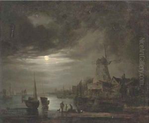 Figures on the bank of a river, by moonlight by Abraham Pether