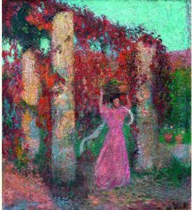 Jeune Femme Portant Une 
Corbeille Sur La Tete Devant Une Pergola De Vigne Vierge Rouge, Circa 
1905
