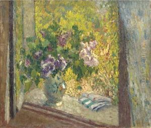 Vase De Fleurs Posee Sur L'entablement D'une Fenetre by Henri Martin