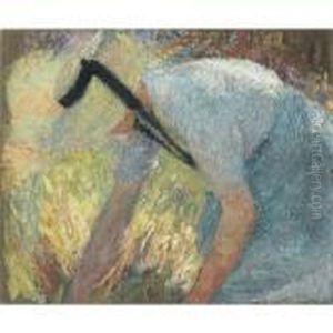 Femme En Tablier Bleu Et Chapeau De Paille, Ramassant Une Gerbe