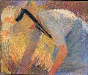 Femme En Tablier Bleu Et Chapeau De Paille, Ramassant Une Gerbe, Circa 1919