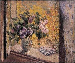 Vase De Fleurs Pose Sur L'entablement D'une Fenetre by Henri Martin