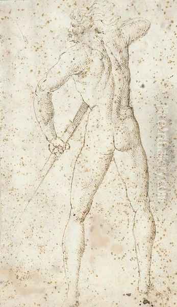 A nude seen from behind unsheathing a sword - view 1