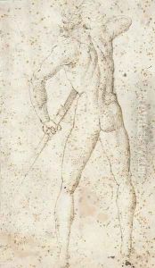 A nude seen from behind unsheathing a sword by Antonio Del Pollaiuolo