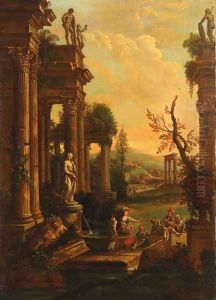 A classical landscape with soldiers and washerwomen resting by a fountain