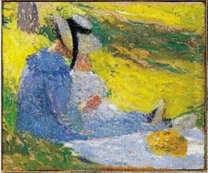 Femme Et Enfant Sur L'herbe. Huile Sur Panneau. Porte Une Signature En Bas A Gauche by Henri Martin