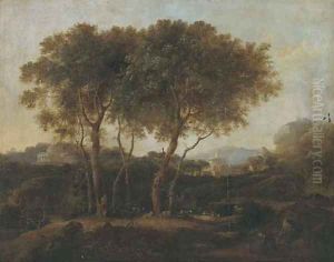 A classical wooded landscape with a goatherd and his flock by Pierre-Antoine Patel