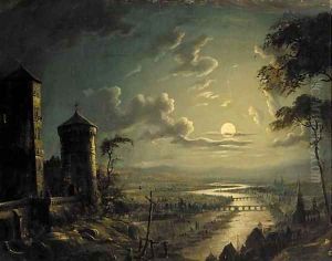 A castle on a mount in a moonlit river landscape