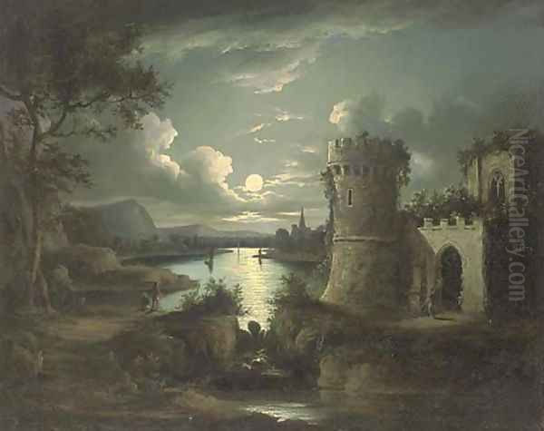 Figures by a ruin, in a moonlit landscape - view 1