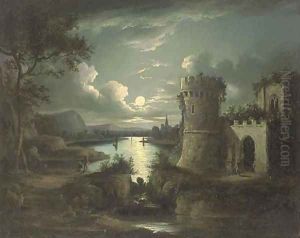 Figures by a ruin, in a moonlit landscape