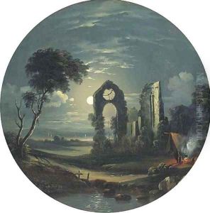 Figures camping next to ruins by moonlight
