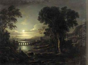 Figures in a moonlit Italianate river landscape