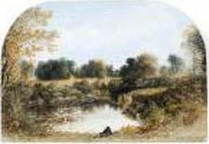An Angler By A Lily Pond, A Church Beyond