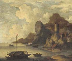 A Mediterranean coastal inlet with fishermen on the shore by Bonaventure II Peeters