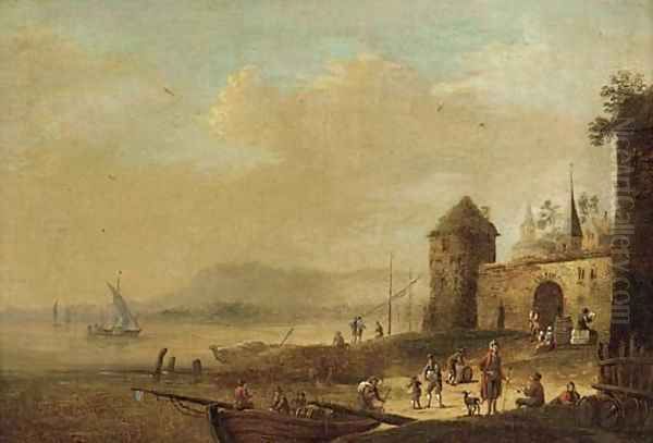 Figures unloading a barge at a riverside village - view 1