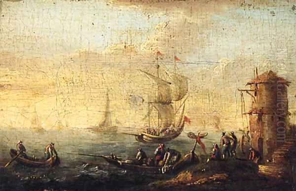 Rowing boats by a shoreline, a kaag beyond; and A shipwrecked sailing boat off a rocky coastline - view 1