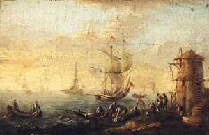 Rowing boats by a shoreline, a kaag beyond; and A shipwrecked sailing boat off a rocky coastline by Bonaventure II Peeters