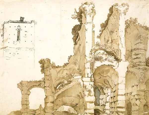A partial view of the ruins of the Colosseum, Rome, with a study of the top of a house - view 1