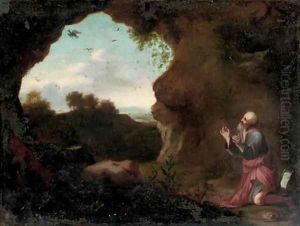 Saint Francis praying in the wilderness by Cornelis Van Poelenburgh