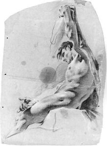 A seated nude in profile to the left raising his left arm A seated nude in profile to the left raising his left arm