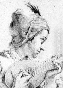 A boy in a feathered hat, playing a mandolin, bust length by Giovanni Battista Piazzetta