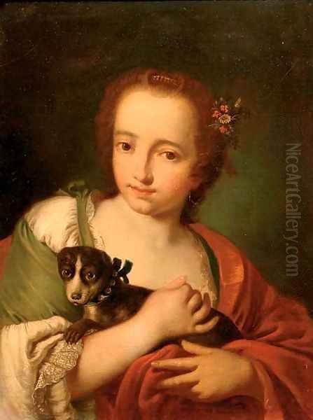 A young woman in a green dress and a red wrap, with a dog in her arms - view 1