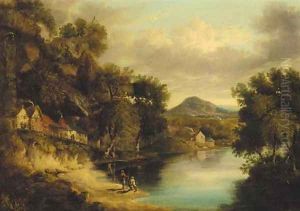 Anglers on the bank of a lake in a wooded landscape, a village beyond