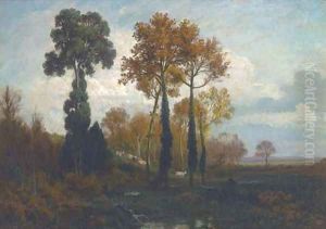 Cattle in a wooded landscape by Nicola Palizzi