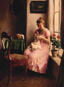 A girl in a pink dress sewing by the window by Emil Pap