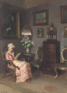 A lady reading in an interior by Emil Pap