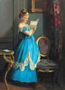 A lady in an interior reading a letter by Emil Pap