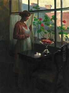 A lady at a sunlit window by Emil Pap