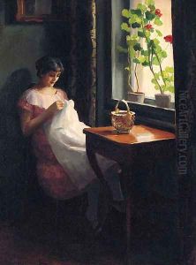 A Girl sewing by a sunlit Window by Emil Pap