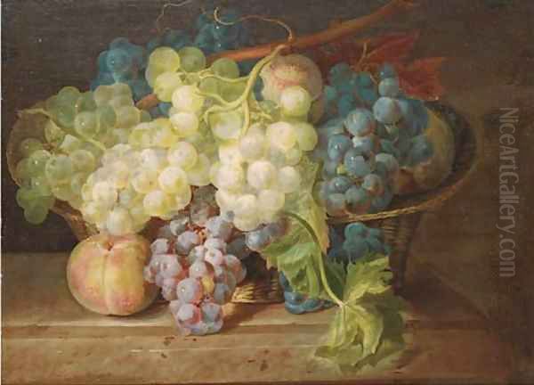 Grapes and peaches in a basket on a ledge - view 1