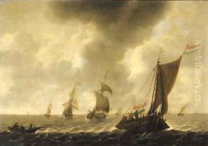 A wijdschip sailing before the wind with fishermen in a rowing boat, other shipping beyond, in choppy waters by Jan Porcellis