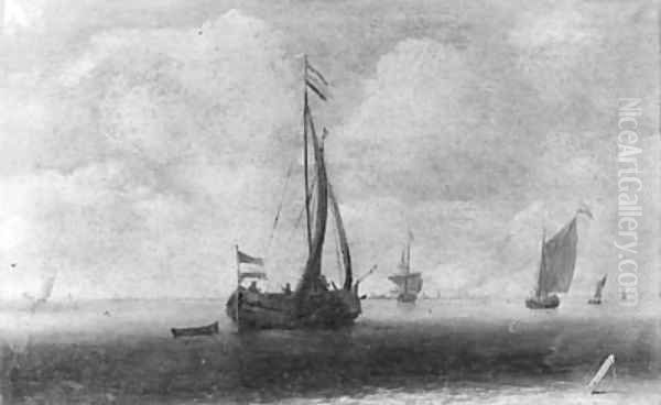 A wijdschip running before the wind, other shipping beyond, in a light breeze - view 1
