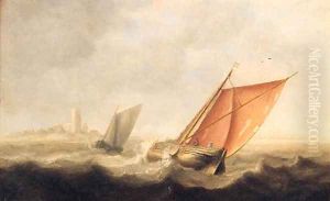 Shipping in a stiff breeze off the coast by Jan Porcellis
