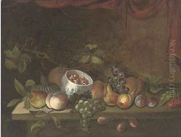 Grapes, pears, apples, plums, cherries, peaches, and a bowl - view 1