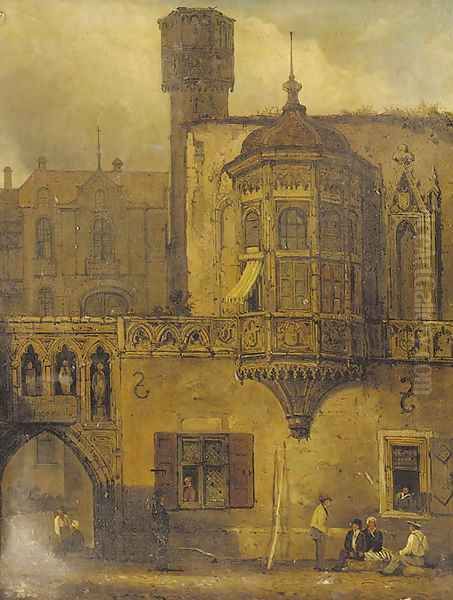 Figures outside a continental courtyard - view 1