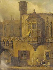 Figures outside a continental courtyard by Samuel Prout