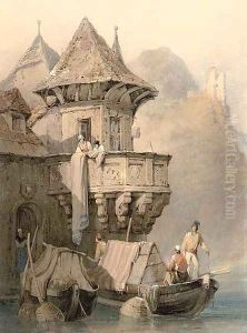 Merchants selling their wares on the Italian lakes by Samuel Prout
