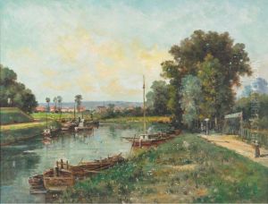Bateaux Sur La Riviere, France by Gustave Mascart