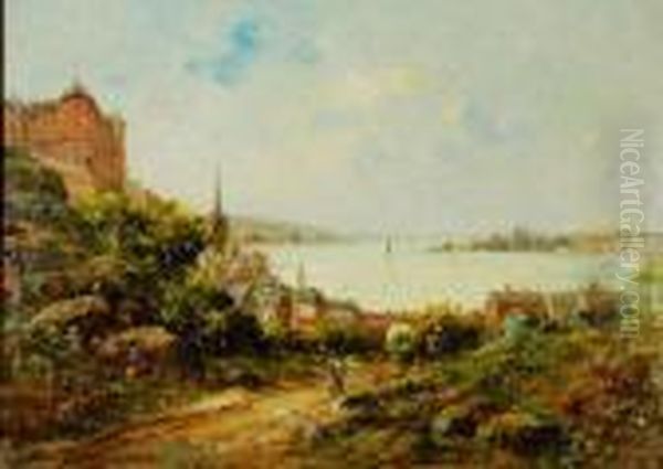 Figures On A Path By A Town And Harbour In The Distance - view 1