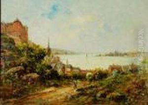 Figures On A Path By A Town And Harbour In The Distance
