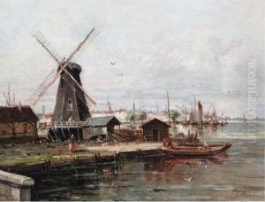 Canal Scene With Windmill by Gustave Mascart