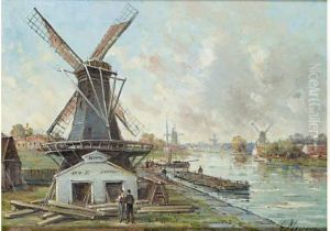 Paysage Anime Aux Moulins. by Gustave Mascart