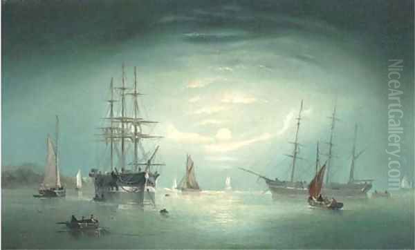 Merchant vessels anchored offshore in the moonlight - view 1