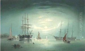 Merchant vessels anchored offshore in the moonlight