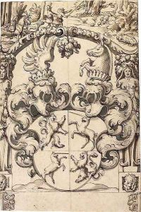A heraldic shield with rampant lions and unicorns in the quarterings by Hans Jakob Plepp