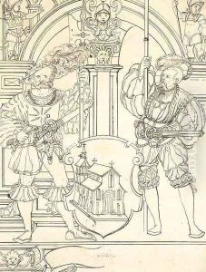 Two landsknechts flanking a shield with a church, under an arch Design for a stained-glass window by Hans Jakob Plepp